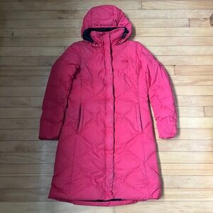 The North Face Womens 600 Down Long Hooded Parka Pink Diamond Quilt Size Medium